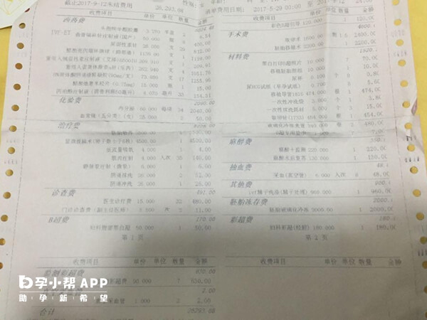 陕西妇幼某患者的试管费用明细单